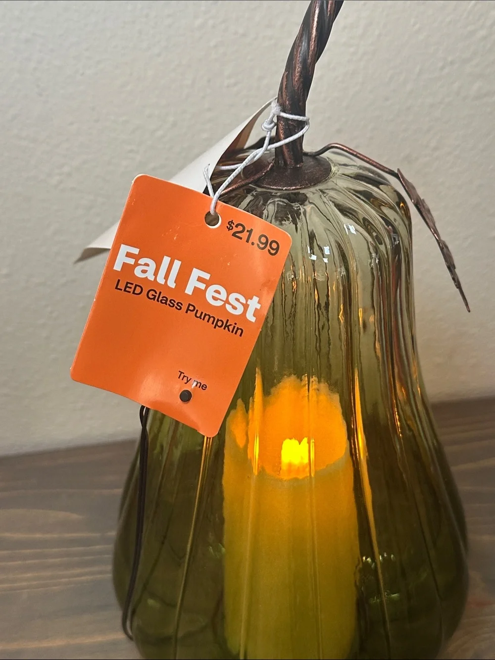 Green Glass Pumpkin Lantern with LED Candle -